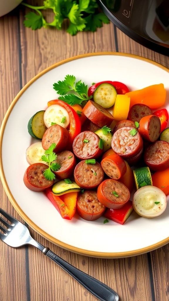 Air Fryer Sausage and Vegetable Medley Air fryer sausage and vegetable medley with bell peppers, onions, and zucchini on a plate, garnished with parsley.